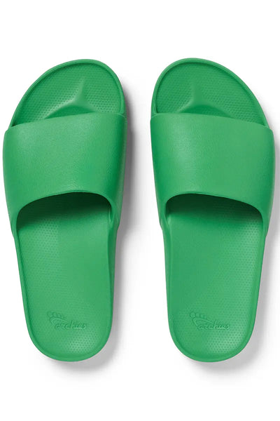Arial top view of the Archies Arch Support Slides in Kelly Green Limited Edition