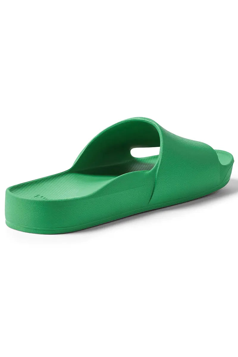 back 3/4 view of the Archies Arch Support Slides in Kelly Green Limited Edition