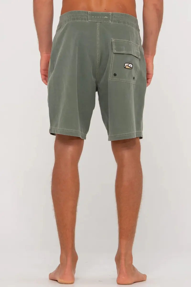 back view of the Rusty Mens Burnt Rubber Boardshorts Fitted in Shadow Army Green