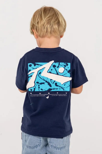 back view of the Rusty Boys Tee Splat Down Runts in Navy Blue