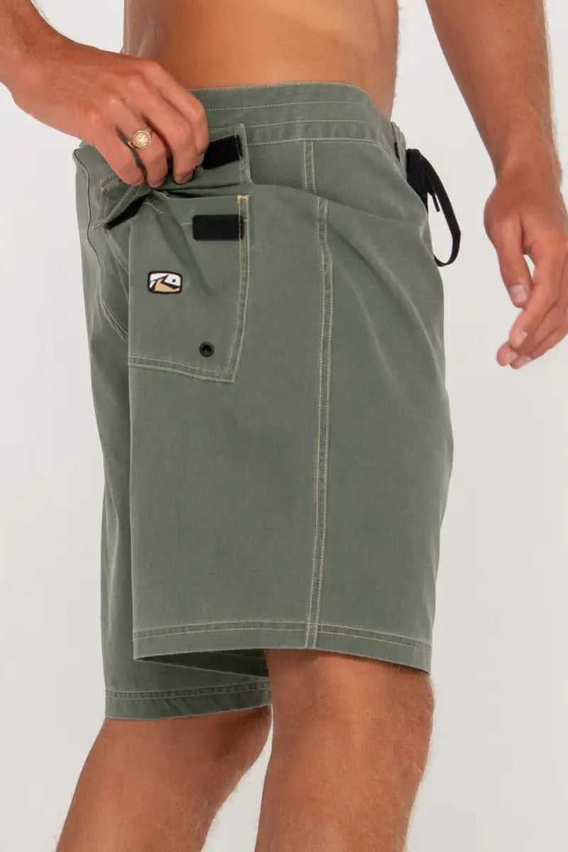 back pocket detail on the Rusty Mens Burnt Rubber Boardshorts Fitted in Shadow Army Green