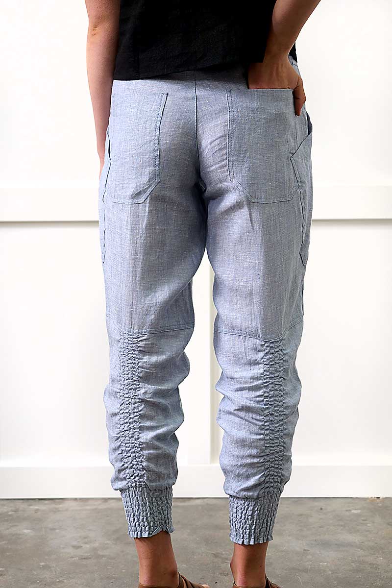 back view of the Foil The Works Pant in Chambray Hash