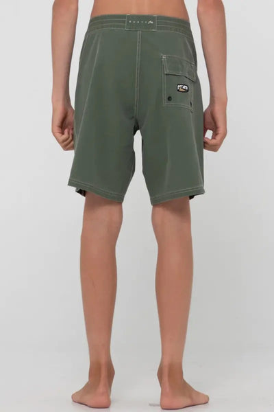 back view of the Rusty Boys Boardshort Burnt Rubber Fitted in Shadow Army Green