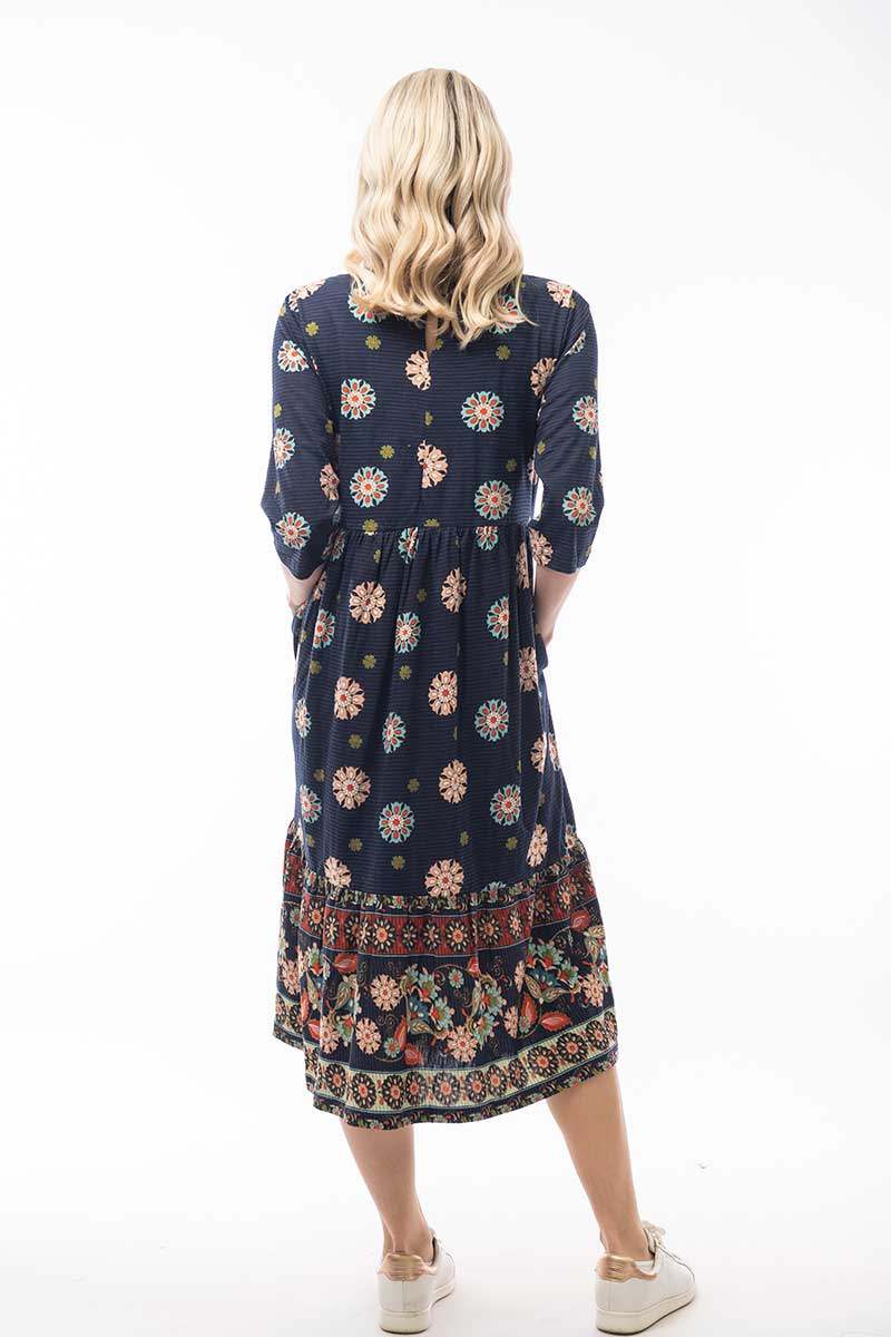 Back view of the Orientique Layered Midi Dress in Hera Print