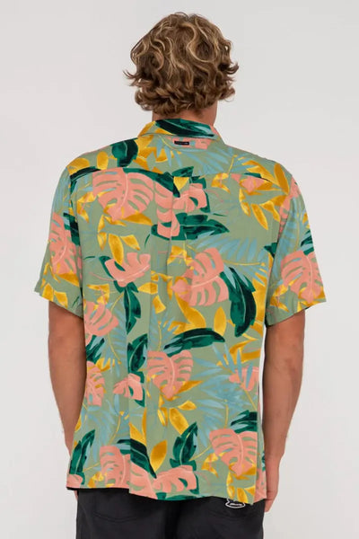  back view of the Rusty Mens SS Shirt Pastel Paradise in Army Green