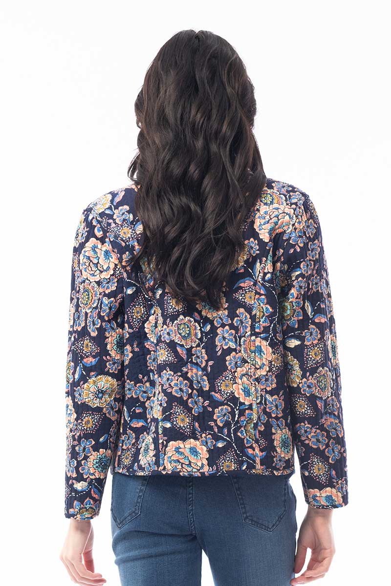 back view of the navy pattern option Orientique Elissa Jacket Reversible