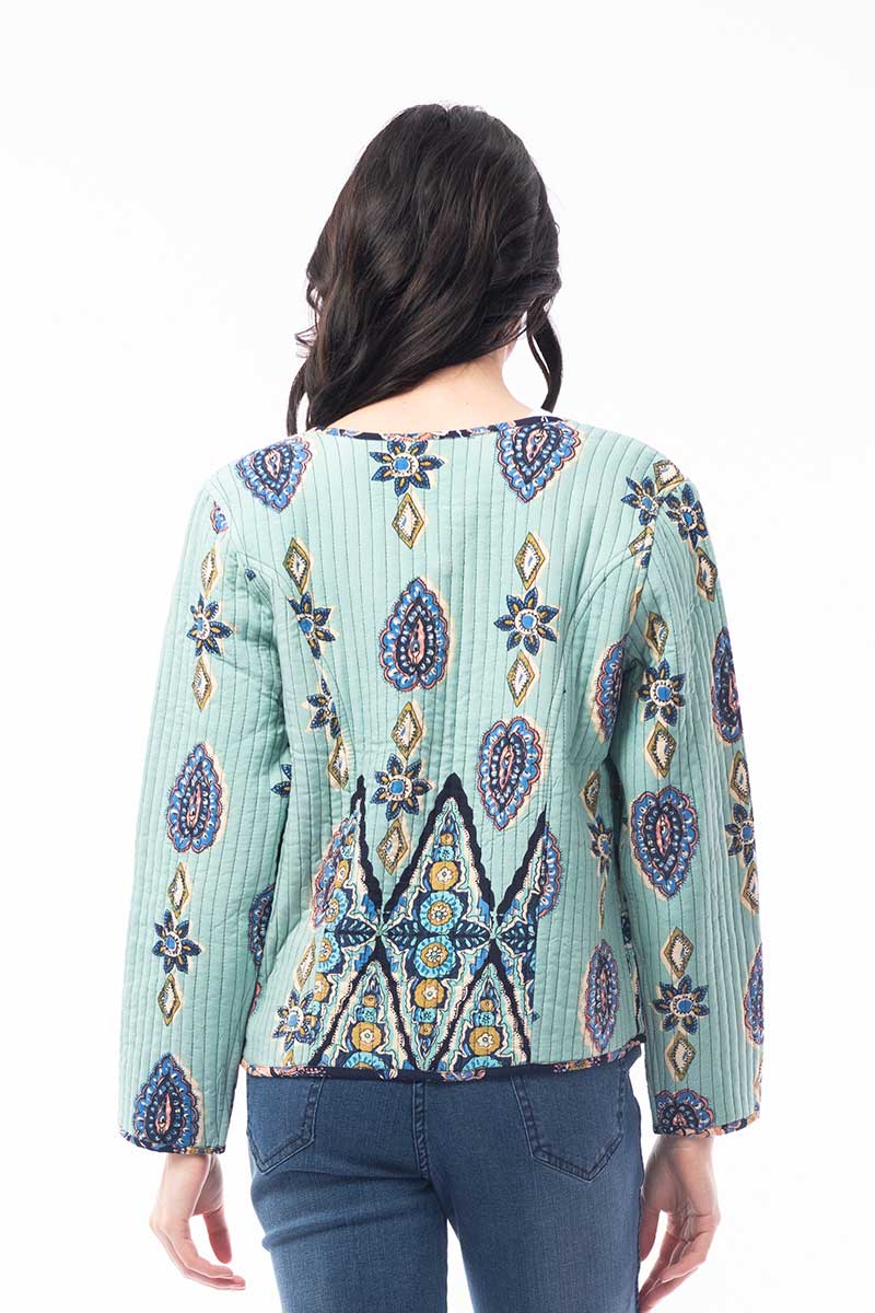 back view of the teal option on Orientique Elissa Jacket Reversible