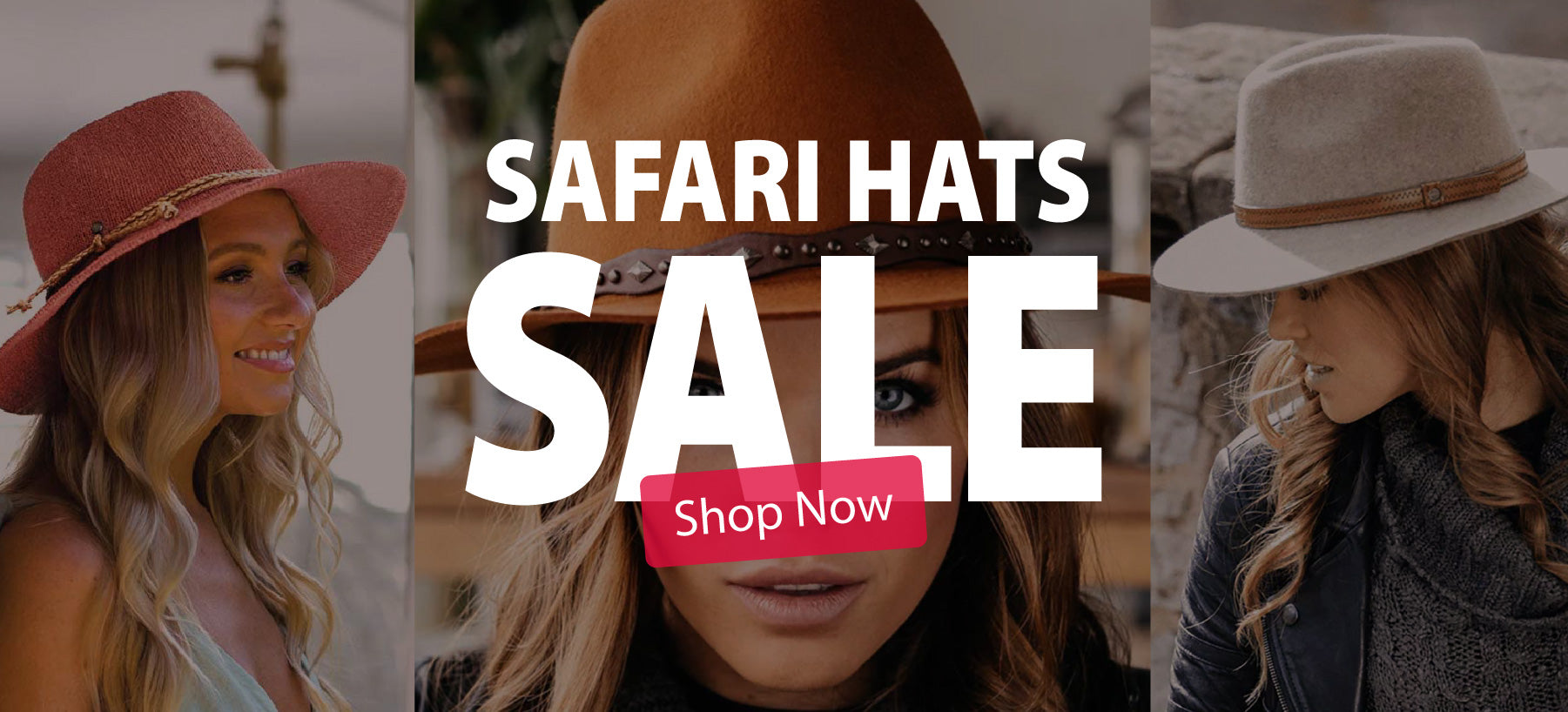 Promotional banner for safari hats sale with models wearing hats and text 'SAFARI HATS SALE Shop Now'.