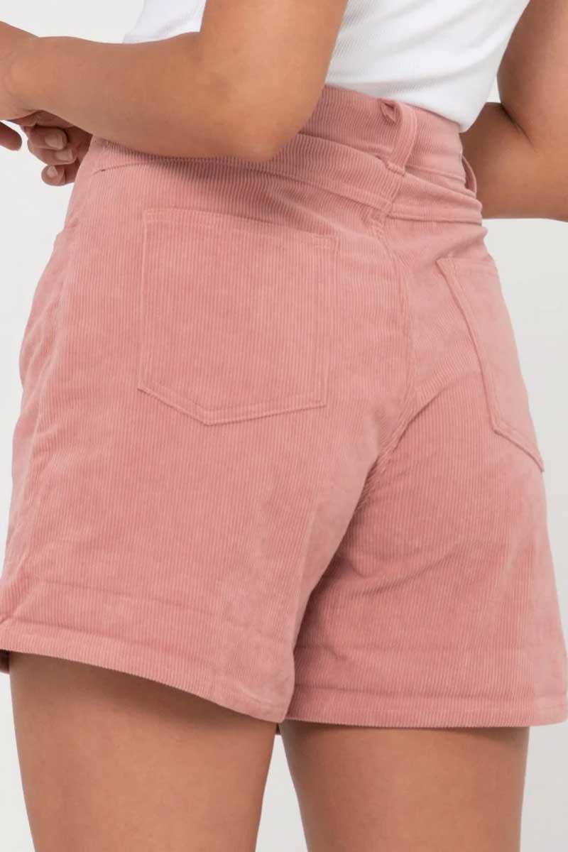close up back view of the Rusty Women's Shorts The Secret Cord in Vintage Pink