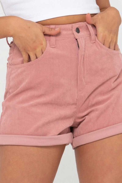 close up front view of the Rusty Women's Shorts The Secret Cord in Vintage Pink