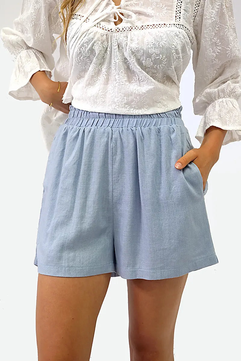 close up front view of the Pull on Linen Shorts in Powder Blue