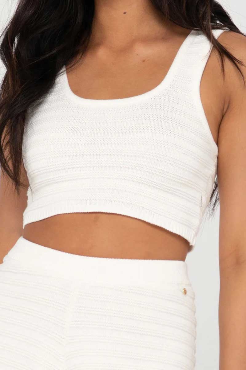 front detailed view of the Rusty Women's Elba Knit Crop Top in Snow