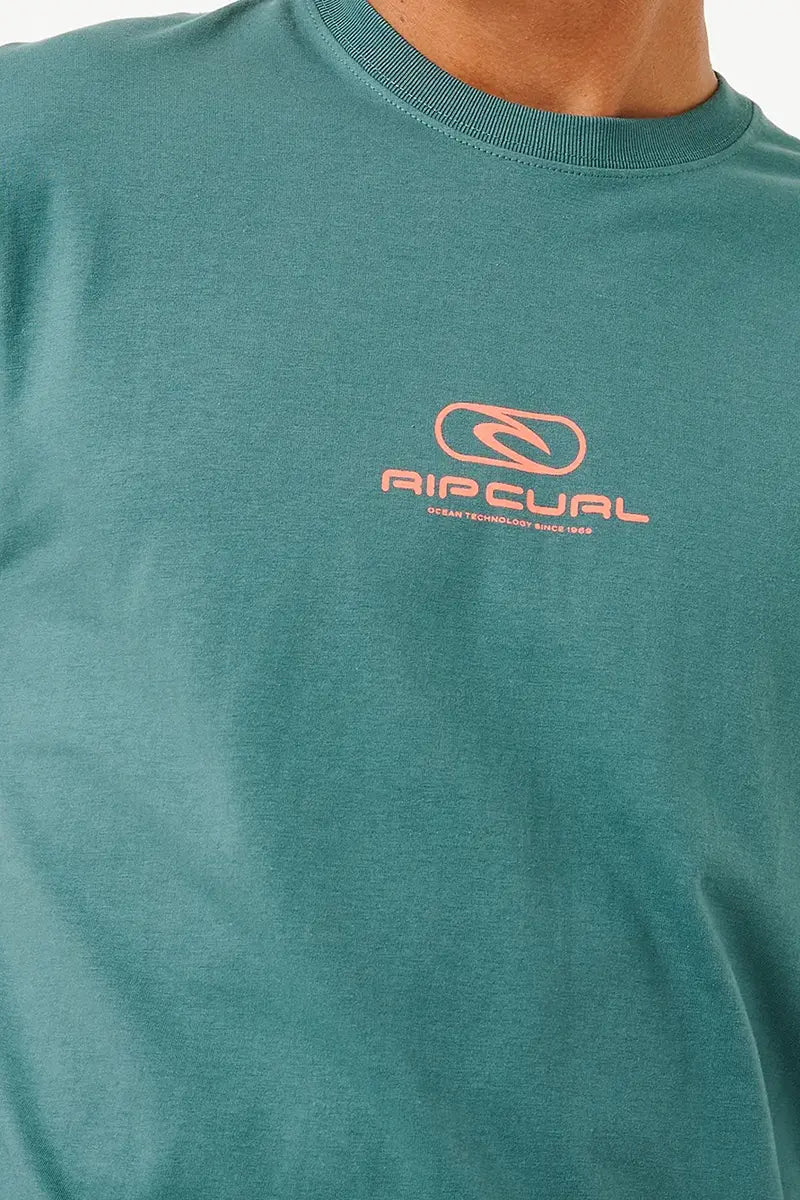 detailed logo view on the Rip Curl Mens Tee Pill Icon in Bluestone
