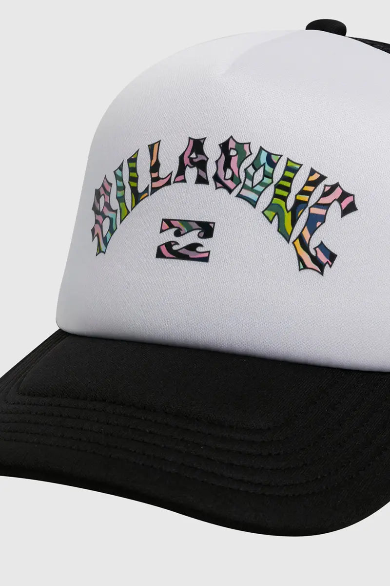 logo detailed view on the Billabong Groms Arch Trucker Cap in Black