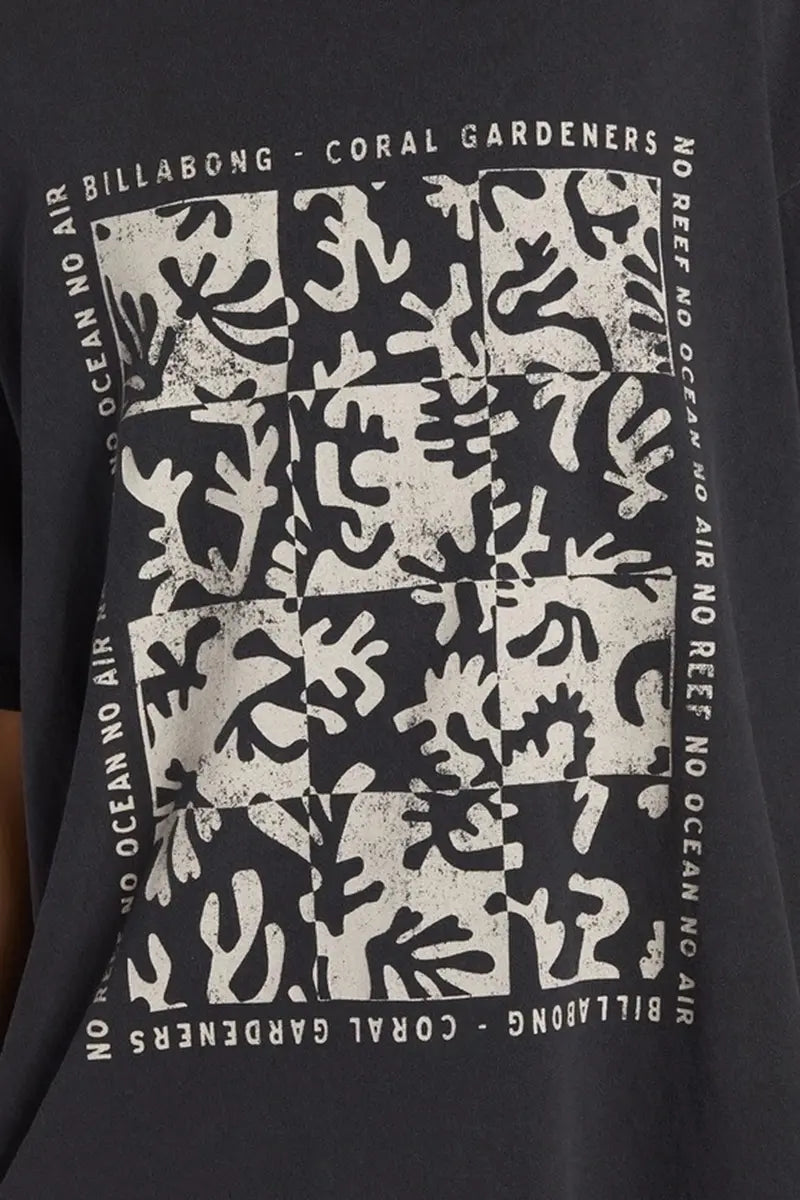 detailed view of the print on the Billabong Ladies Coral Gardener T-shirt in Black Sands