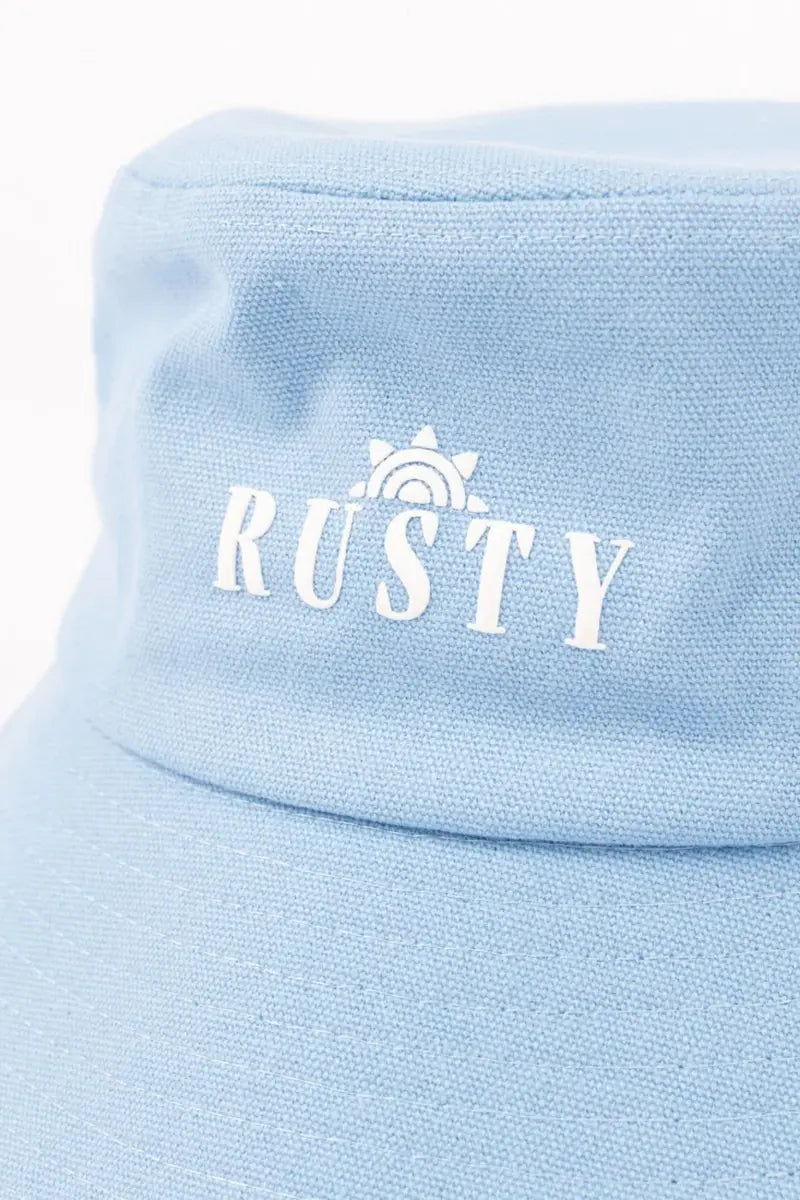 logo detail on the Rusty Essentials Bucket Hat in Periwinkle Blue