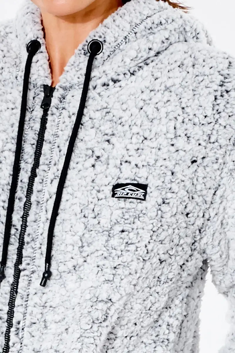 detailed front view of the Rip Curl Women's Hooded Fleece Zip Through Dark N Stormy Light Grey