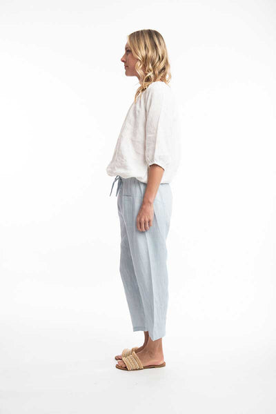 Escape by OQ Solid Pure Linen Pant in Blue Fog - side view