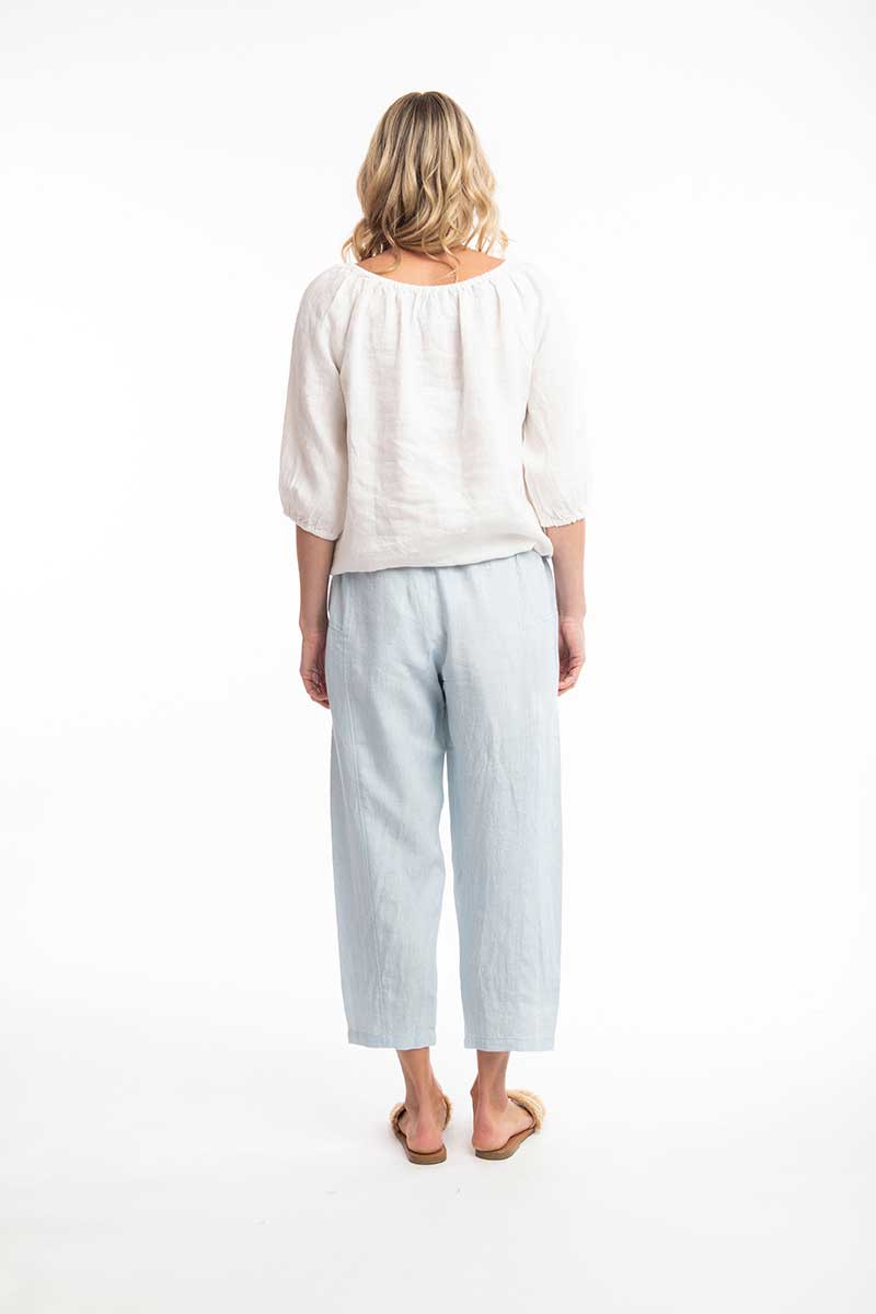 Escape by OQ Solid Pure Linen Pant in Blue Fog - back view