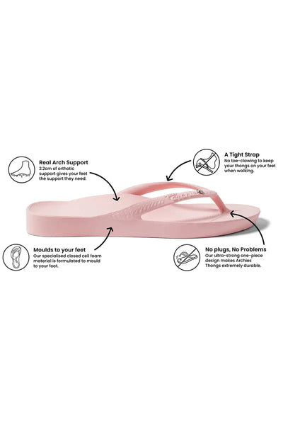 outter side view of Archies Arch Support Thongs in Crystal Pink outlining features