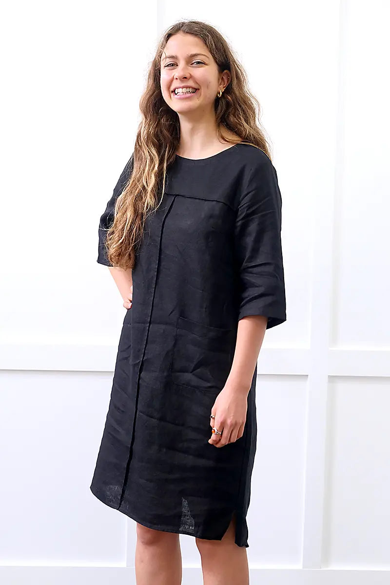 3/4 view of the See Saw Linen 3/4 Seam Detail 1 Pkt dress in Black