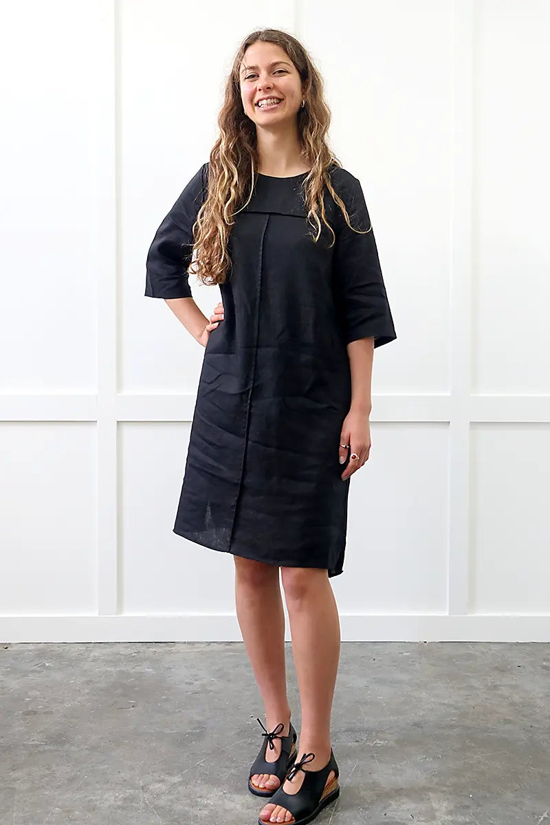 full model view of the See Saw Linen 3/4 Seam Detail 1 Pkt dress in Black