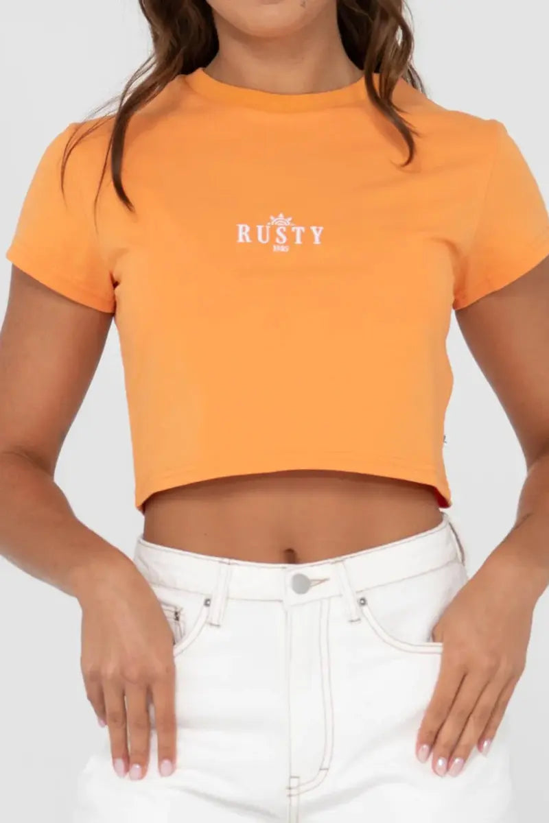 front detail view of the Rusty Womens T-Shirt Sunrise Baby in Apricot Blush