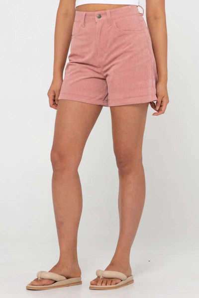 front 3/4 view of the Rusty Women's Shorts The Secret Cord in Vintage Pink