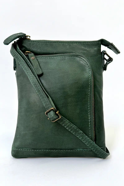 Rugged Hide Leather Bag - Freya Cross Body in Pine Green front view showing external pocket and shoulder strap