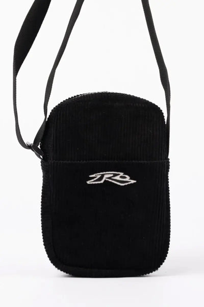 front detailed view of the Rusty Decade Cord Side Bag in Black