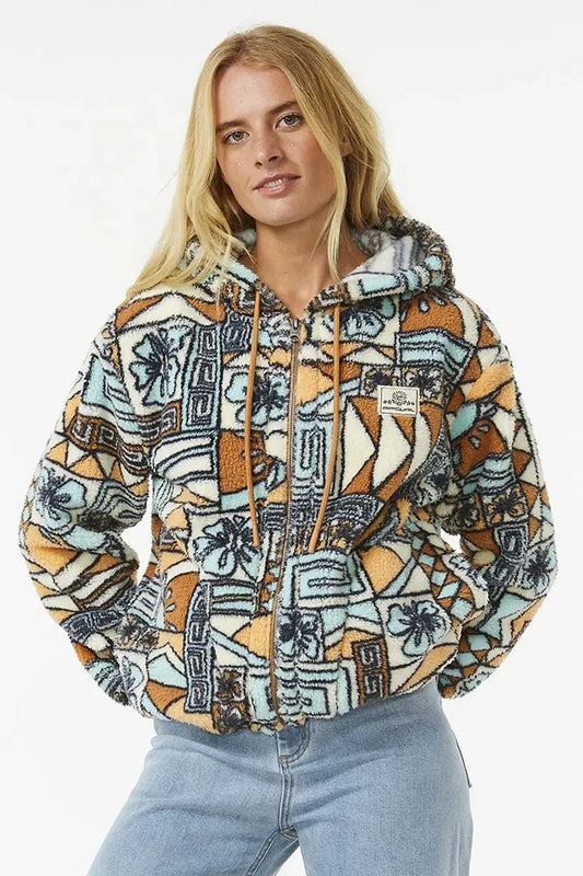 front view of the Rip Curl Women's Fleece Block Party Printed in Dusty Blue