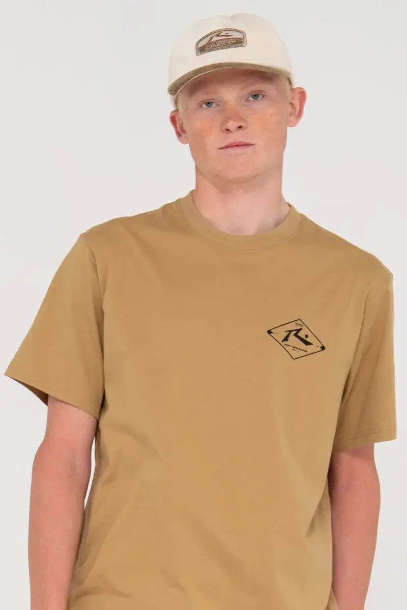 front detail view Rusty Mens Wull Volume S/S Tee in Khaki