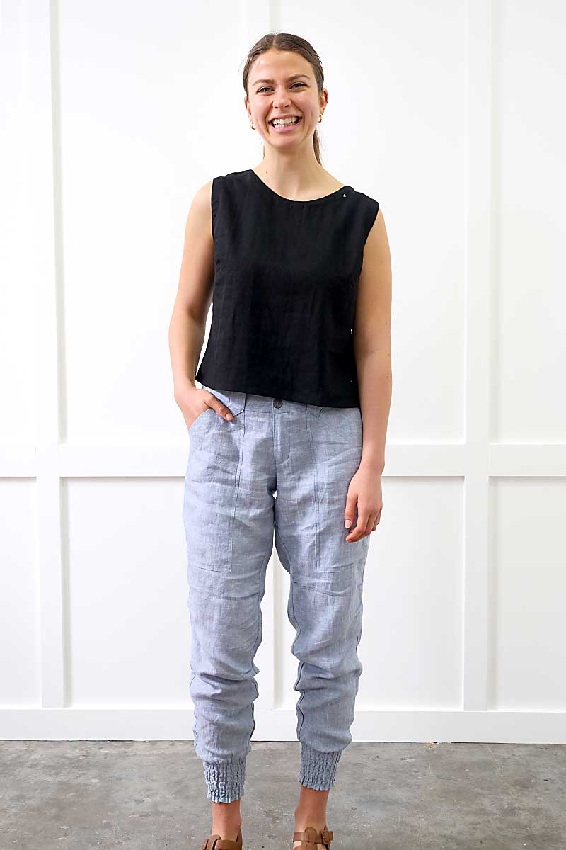 full model view wearing the Foil The Works Pant in Chambray Hash
