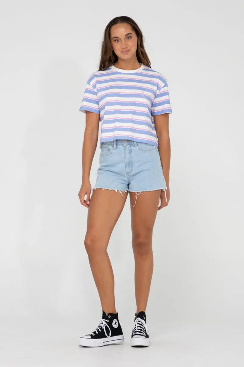full model view of the Rusty Girls Tee Camila Stripe in Periwinkle