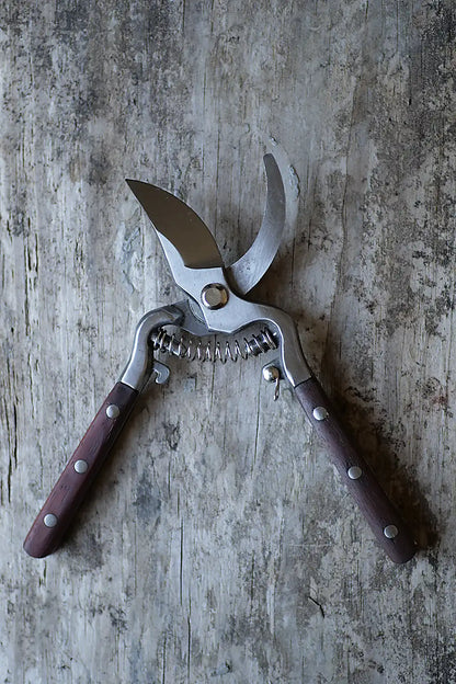 A pair of pruning shears with silver metal blades and dark brown wooden handles, laid flat on a weathered gray wood surface.