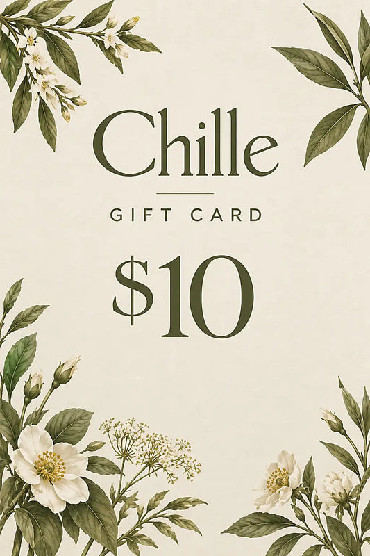 A $10 gift card design with the word 'Chille' in large serif lettering, 'GIFT CARD' below it, and a cream background decorated with botanical illustrations of white flowers and green leaves around the edges.