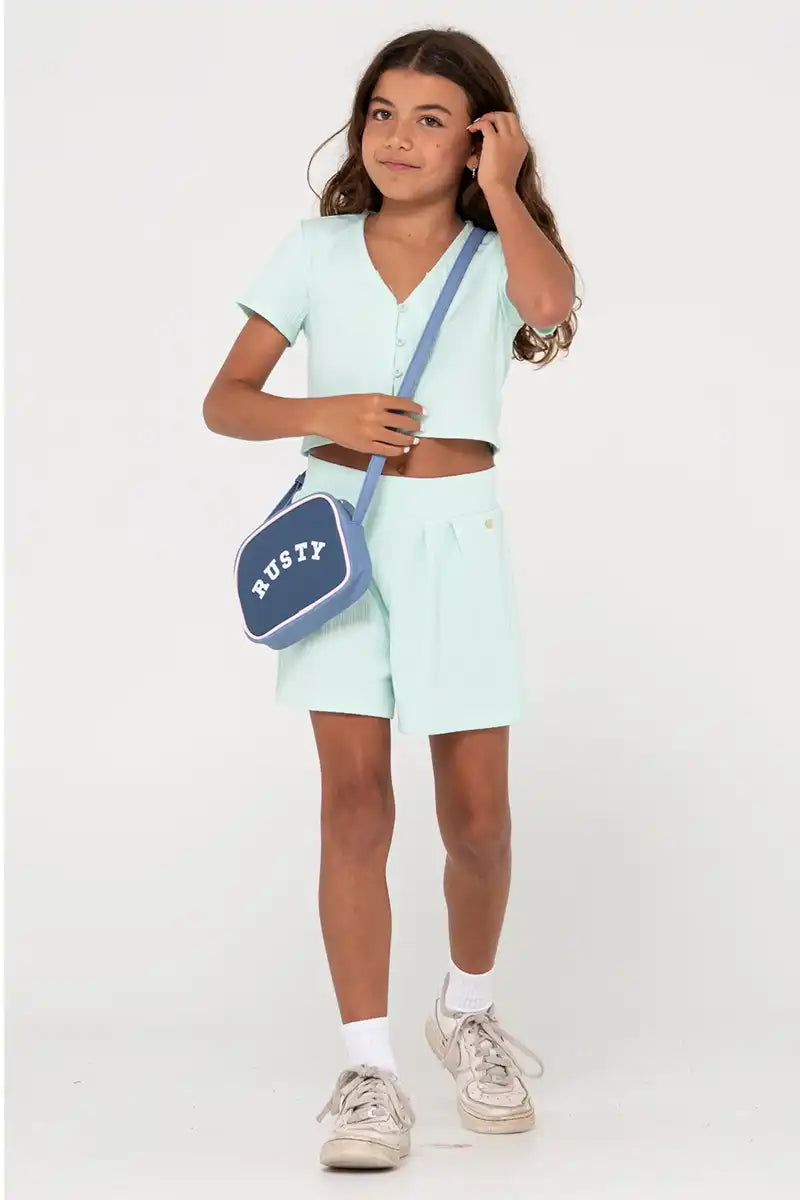 Rusty Girls Sweet Water Crossbody Bag in Yonder Blue with girl wearing over the shoulder