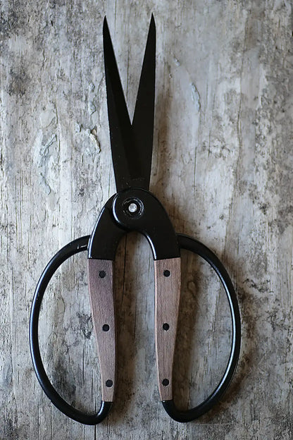 Black steel and walnut handle herb scissors on a weather board