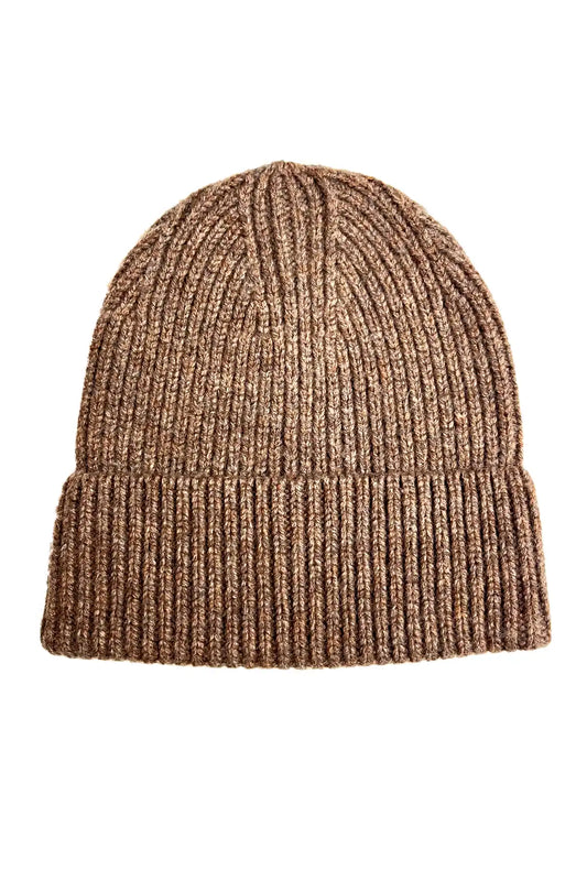The Merino Cuff Beanie in coffee on white background