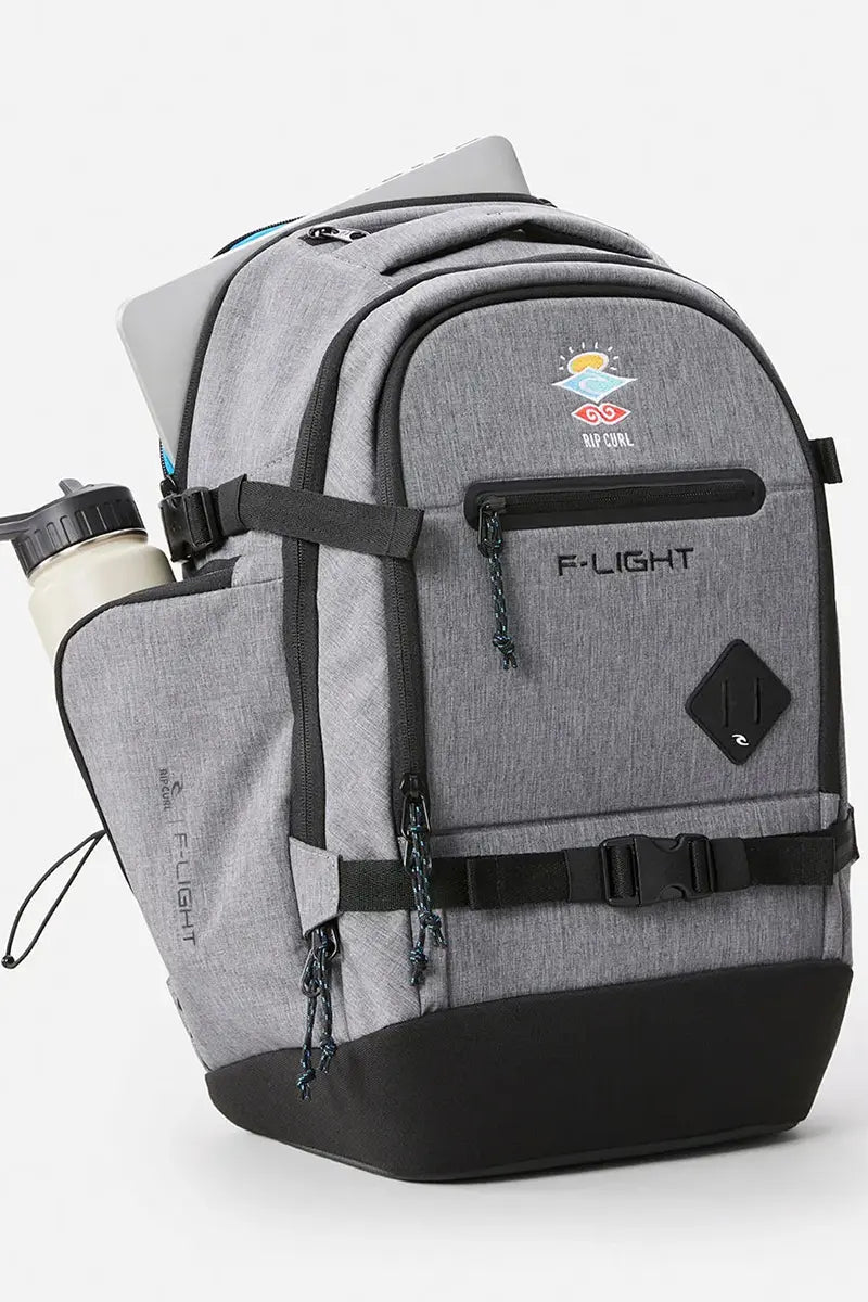 drink bottle and laptop pocket detail view on the Rip Curl F-Light Backpack - Posse 35L Grey Marle