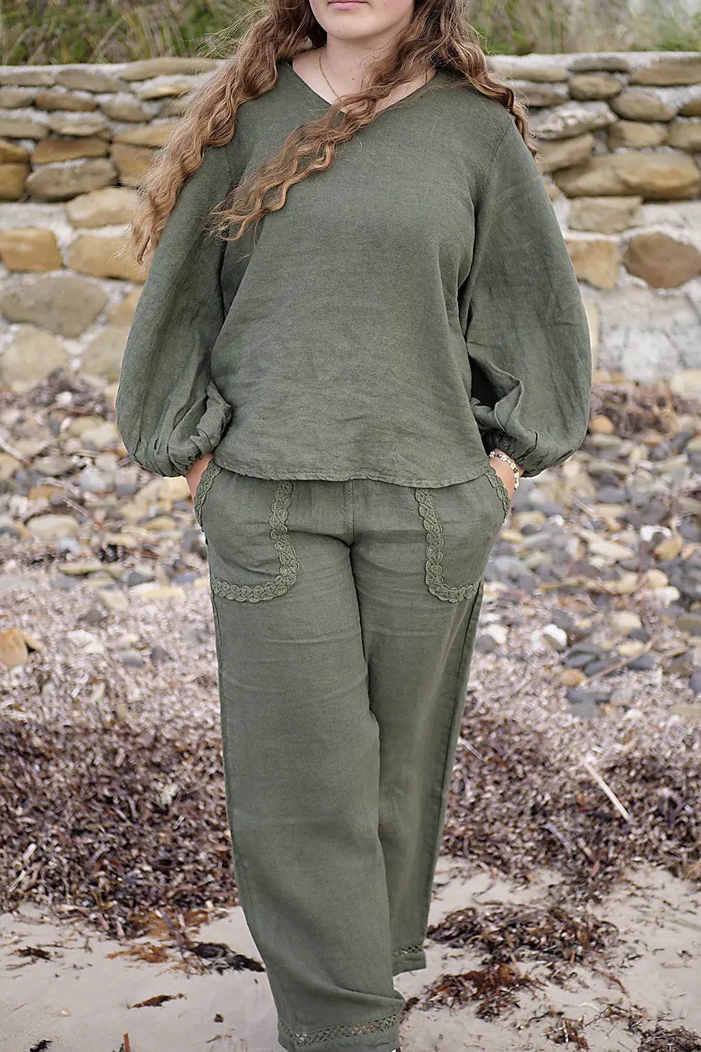 Person wearing an olive green outfit standing on a rocky beach.