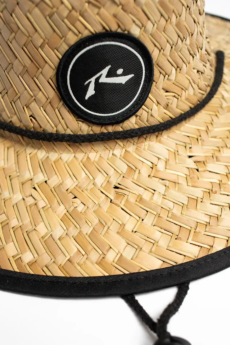 logo badge detail on the Rusty Boony Straw Weave Hat