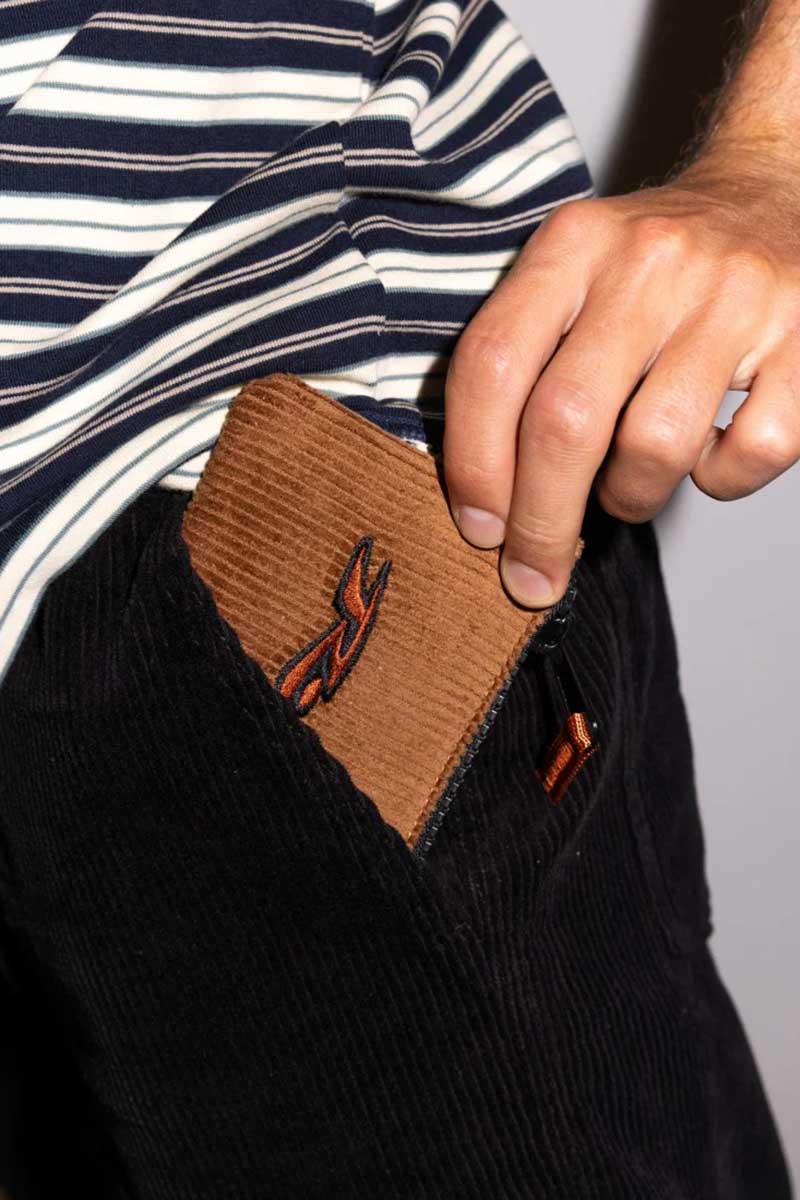 man putting the Rusty Zip Wallet Static Cord into his pocket