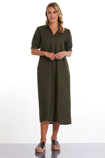 Marco Polo Short Sleeve Essential Linen Dress in Dark Khaki front