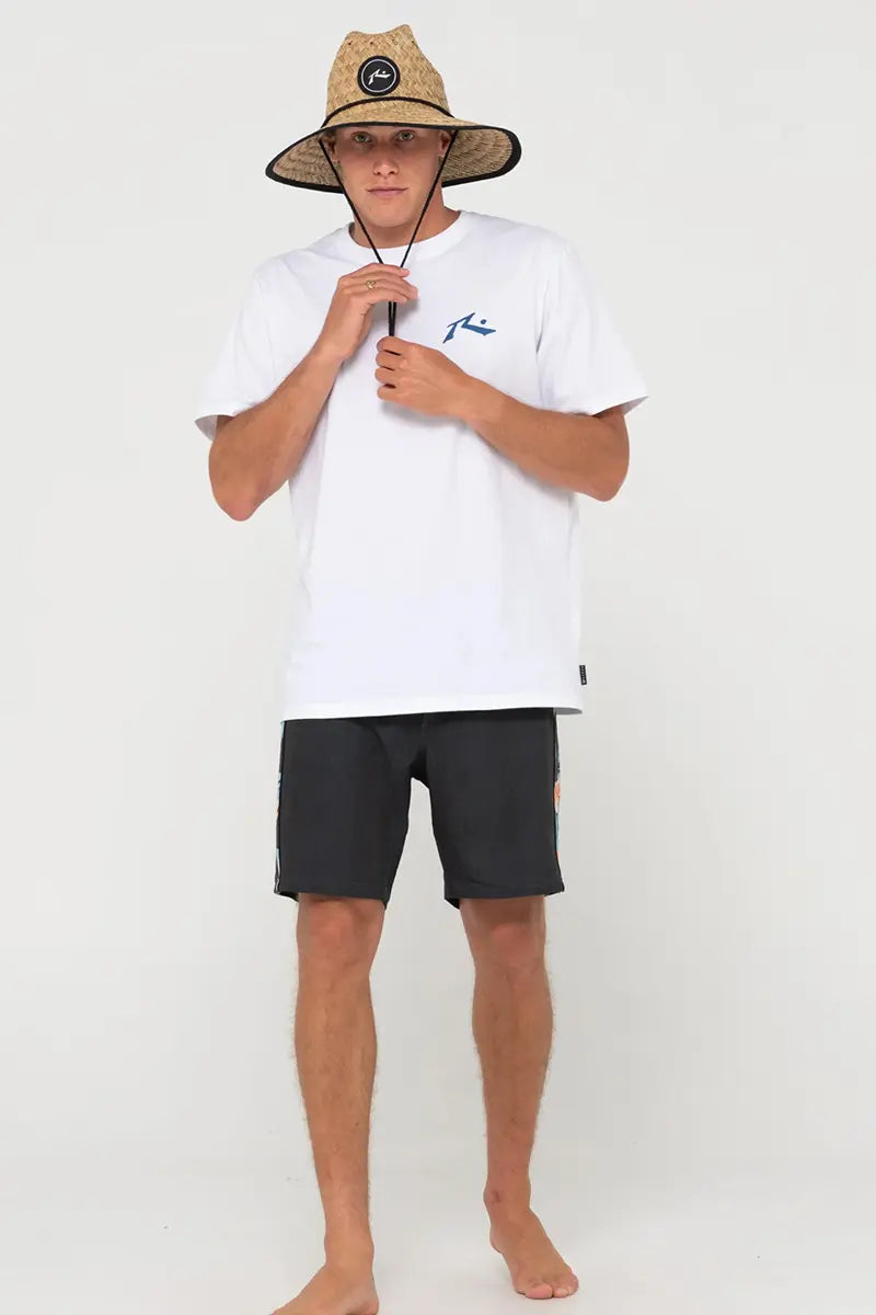 model wearing Rusty Boony Straw Weave Hat