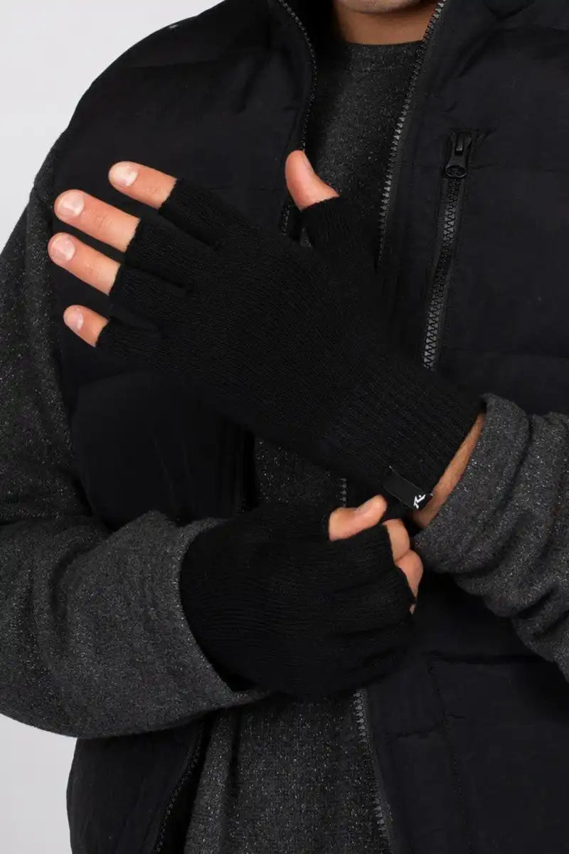 detailed view of model wearing Rusty Men's Rude Fingerless Gloves in Black