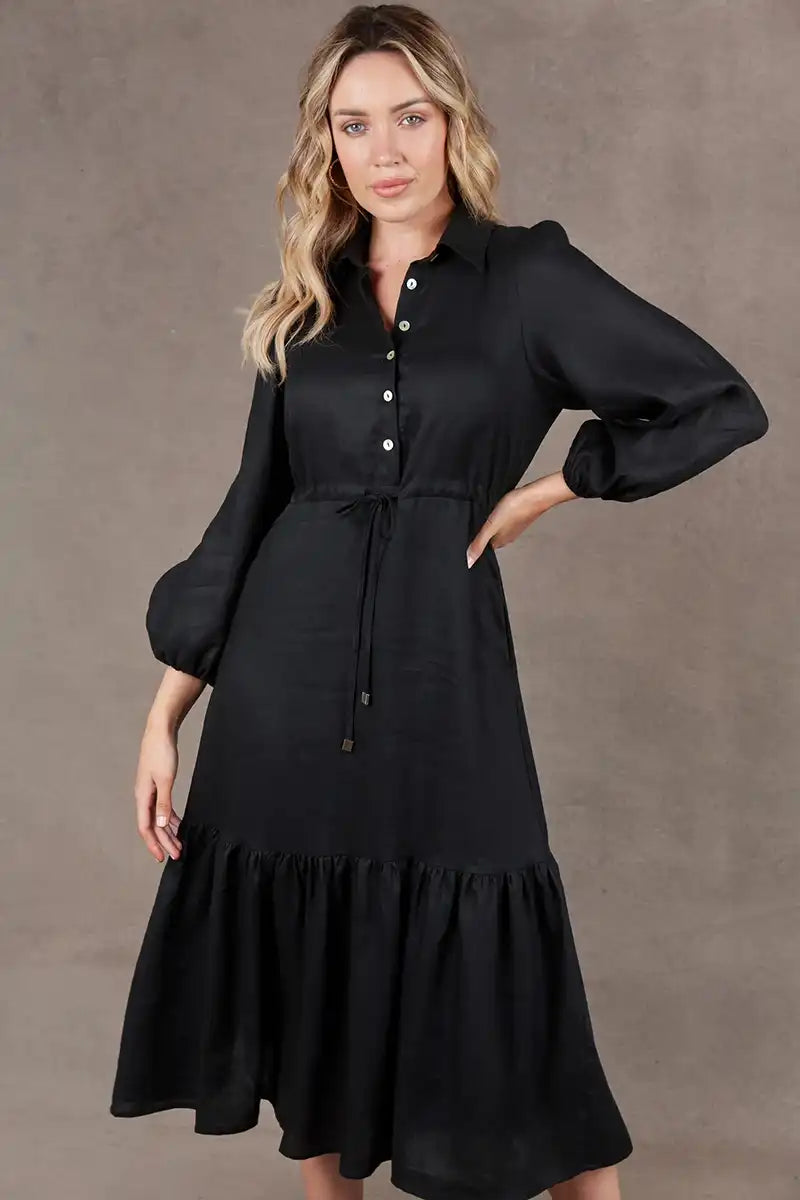 Eb & Ive Nama Linen Shirt Dress in Ebony - model close front view