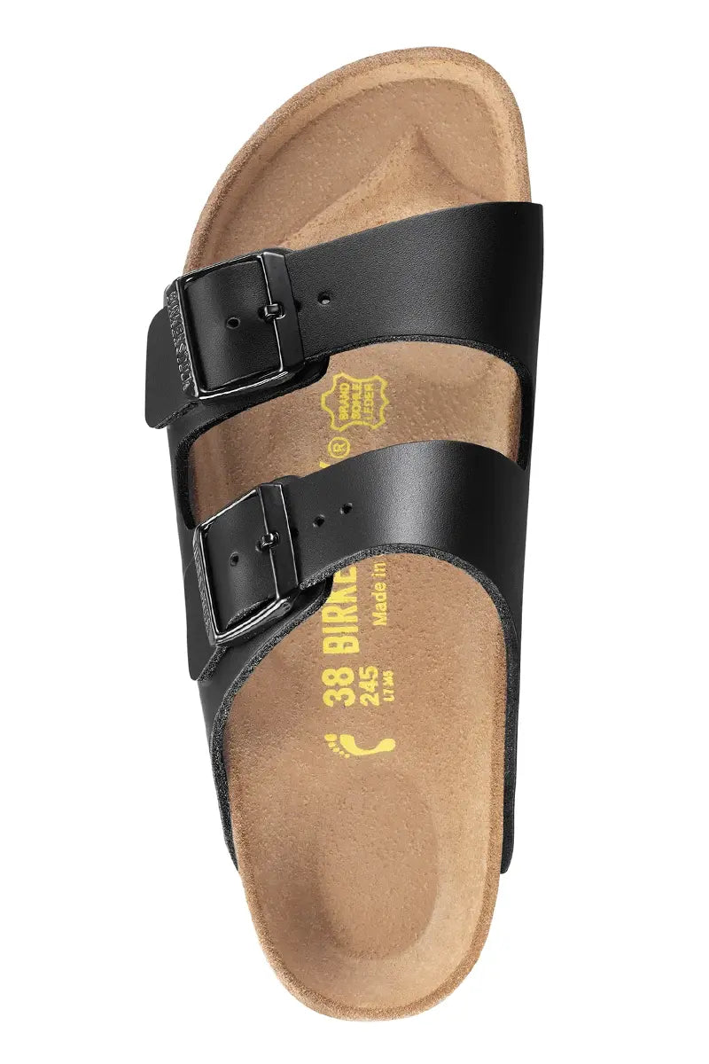 Birkenstock Narrow Fit Arizona Black Smooth Leather arial view of the footbed