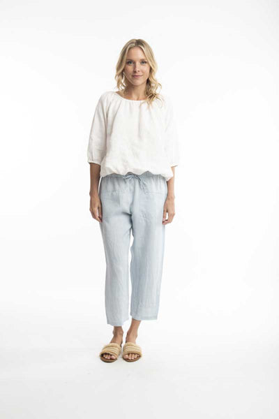 Escape by OQ Solid Pure Linen Pant in Blue Fog - front view