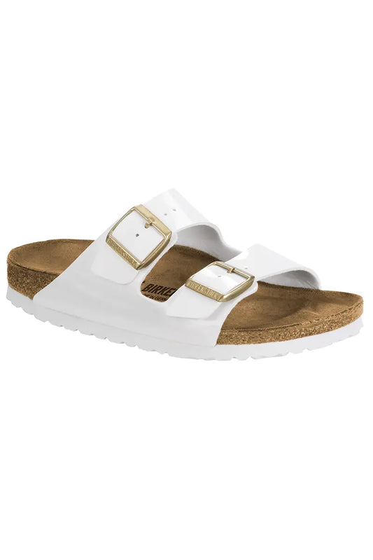 side 3/4 view of the Birkenstock Arizona Shoes in Patent White Birko-Flor Regular